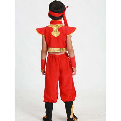 Children Chinese folk dance costumes dragon style boys kids  ancient yangko drummer stage performance tops and pants